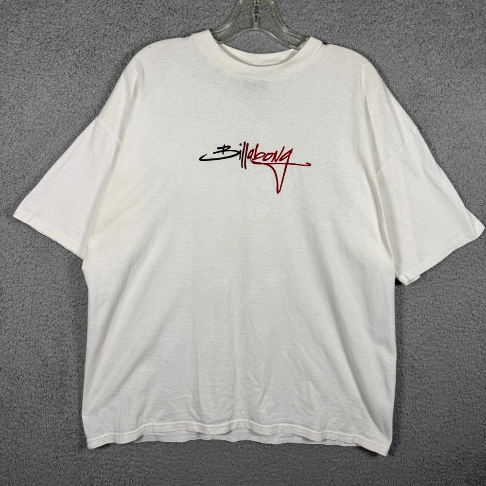 Y2K Billabong Men XL White Short Sleeve Script Logo Graphic Cotton Shirt Vintage